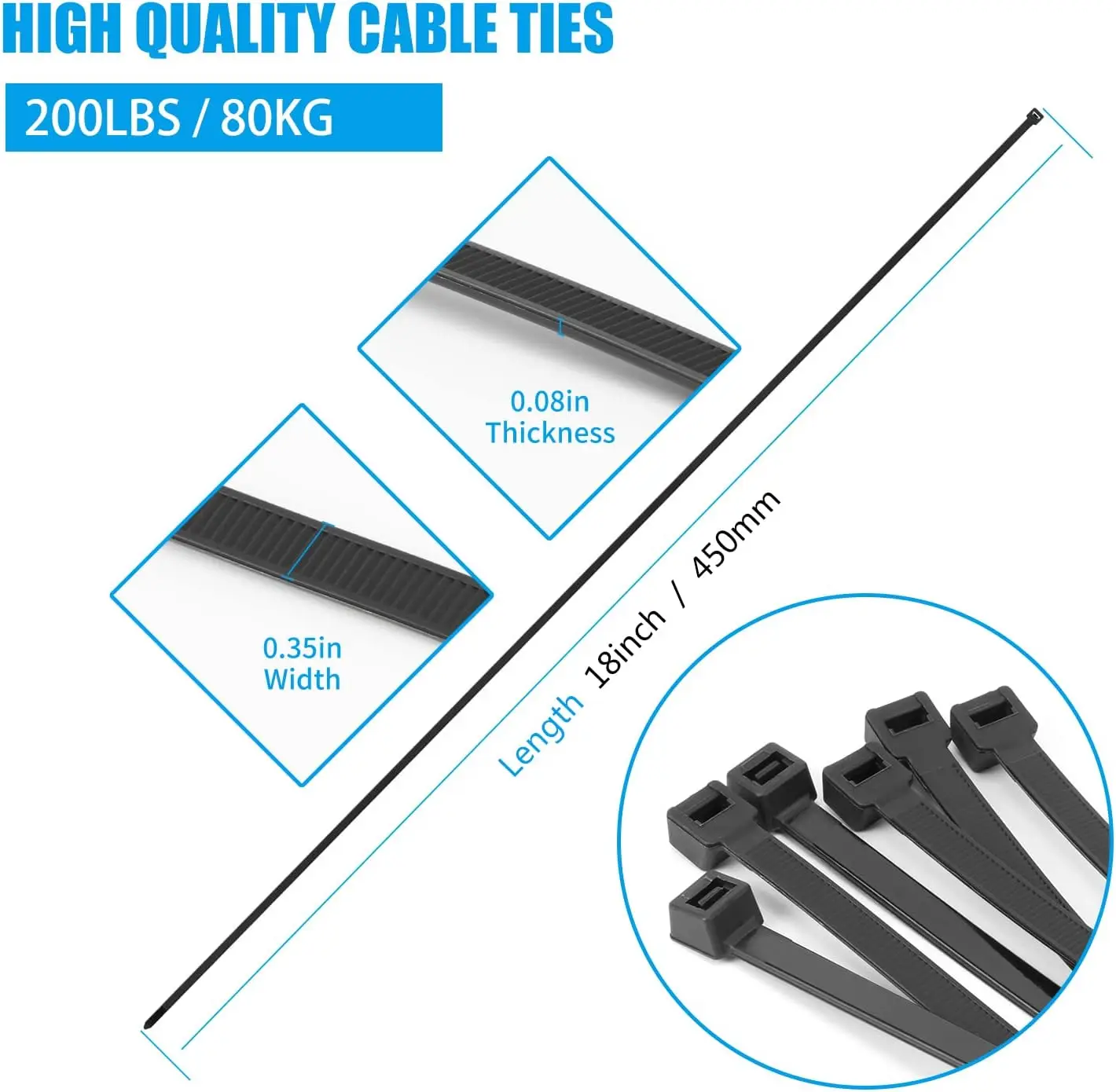 18 inch Black Zip Ties Heavy Duty 100 PACK, 200 LBS Ultra Exclusive Strong Plastic Wire Ties, Large Cable Ties Extra Long Tie