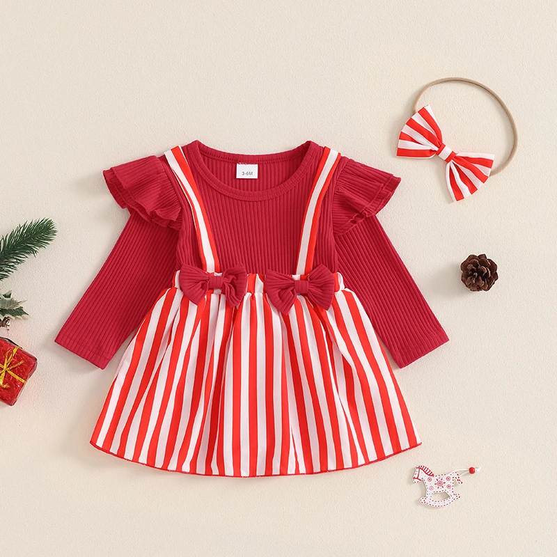 

2024-06-13 Lioraitiin 0-18M Baby Girls Christmas Outfit, Long Sleeve Striped Romper Dress with Headband Fall Clothing Set