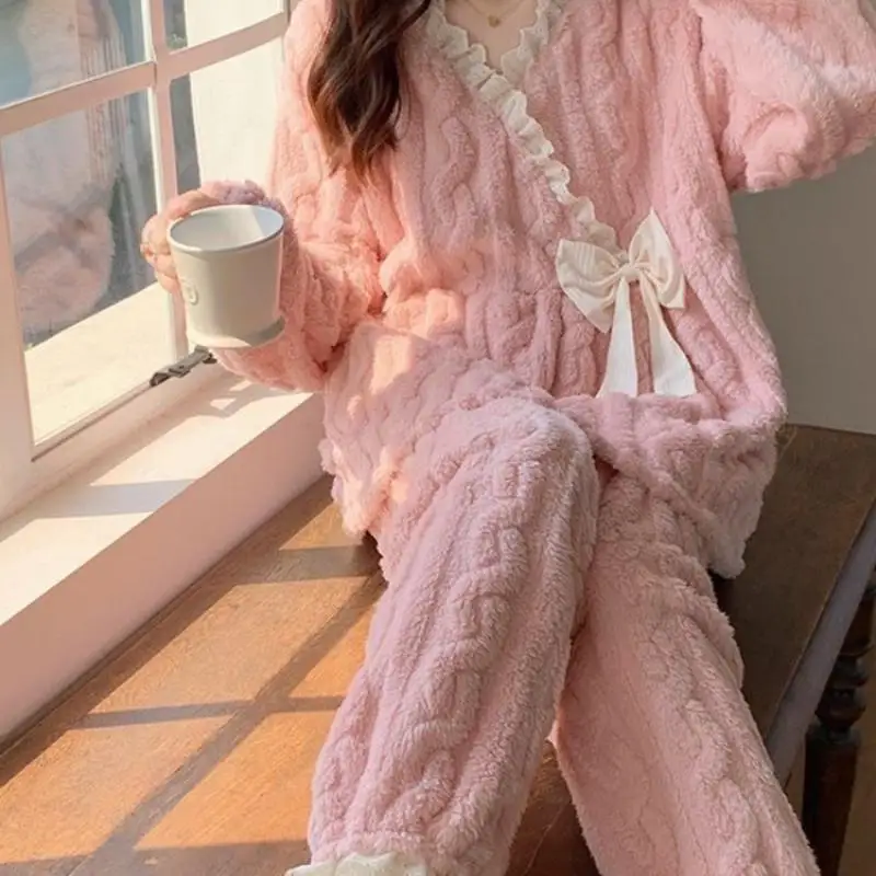 Women's New Thick Long Sleeved Long Pants Pajama Set for Students Autumn Winter Warm Home Clothes Princess Style Two-Piece Set 2