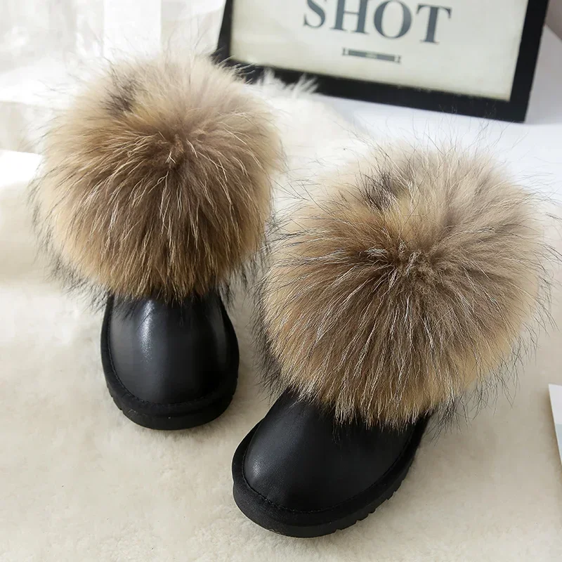 Fashion Women Boots Genuine Leather Real Big Fox Fur Winter Boots Shoes Warm Casual Ankle Boots Plus Size Female Snow Boots