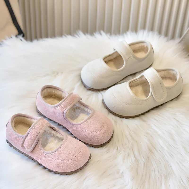 Girls Winter Fleece Lined Mary Jane Shoes Children Warm Plush Flats Shoes Non-slip Soft Sole Kids Princess Cotton Shoes