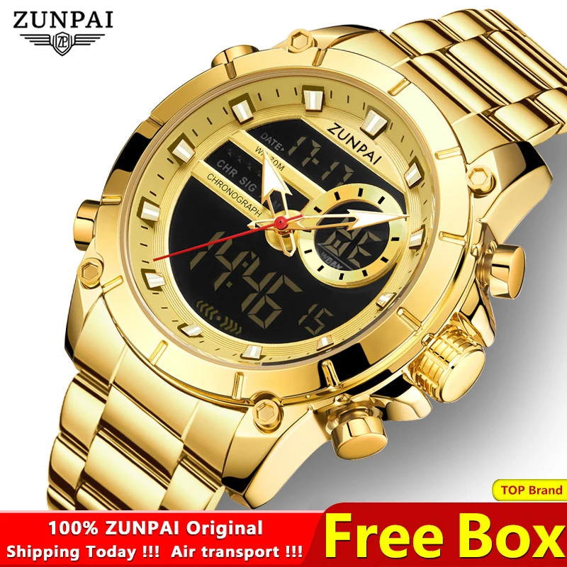 ZUNPAI Original Men\'s Watch Top Brand Luxury Leather Sports Watch Gold Black Men Quartz LED Digital Clock Waterproof Military