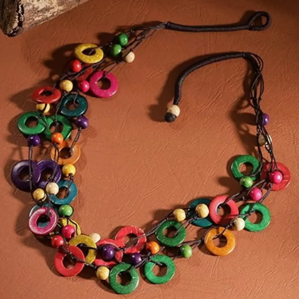 Fashion Coconut Shell Long Beaded Colorful Irregular Beaded Bohemian Chunky Coated Reflective Glass Beads Vintage for Women