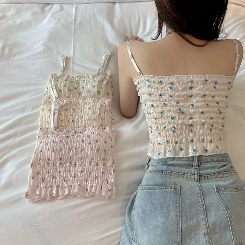 Woman Summer Floral Printed Camisole Sweet Spaghetti Strap Cropped Tank Top With Built In Bra Corset Women Vest With Padded