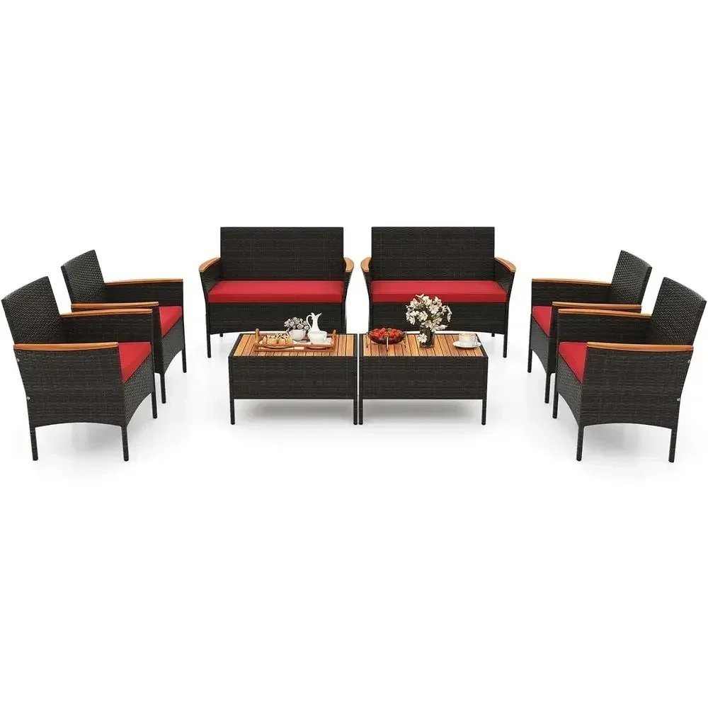 8-Piece Outdoor Wicker Sofa Set with 2 Chairs, Loveseat, and Coffee Table, Acacia Wood Armrests, Cushioned for Backyard or Pools
