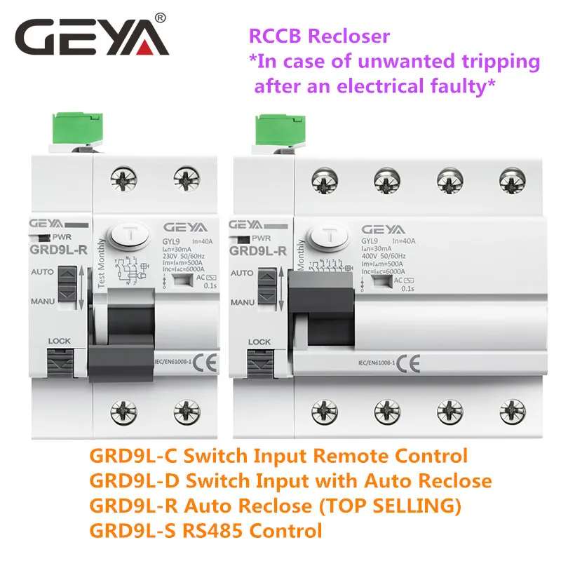 GEYA GRD9L-R Auto Recloser with A Type RCCB RCD ELCB 40A 63A 30mA 100mA 300mA Safety Breaker