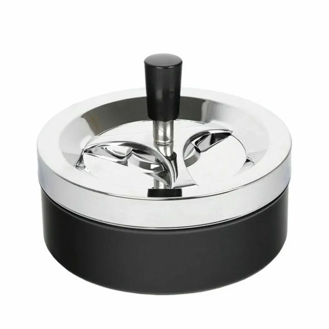 

Round Rotary Ashtray Large Metal Rotating Ashtray Black / Chrome 14cm Diameter Cigarette Tray Desktop Decor For Home Office Car