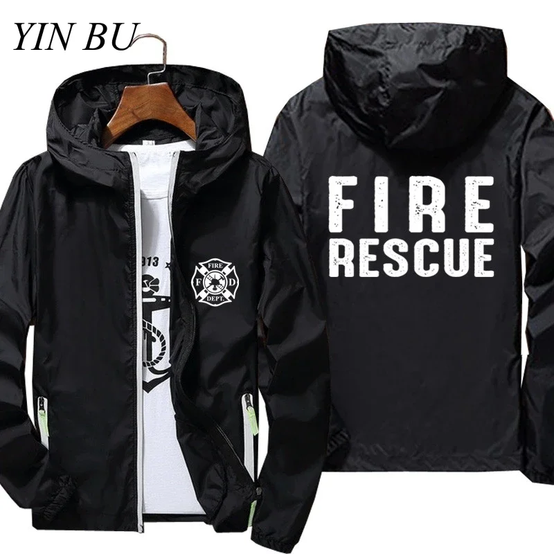 

Fire Rescue Firefighter Fireman Men's Zipper Thin Windbreaker Bomber Hooded Jacket Male Hip Hop Pilot Coat t shirt Oversized