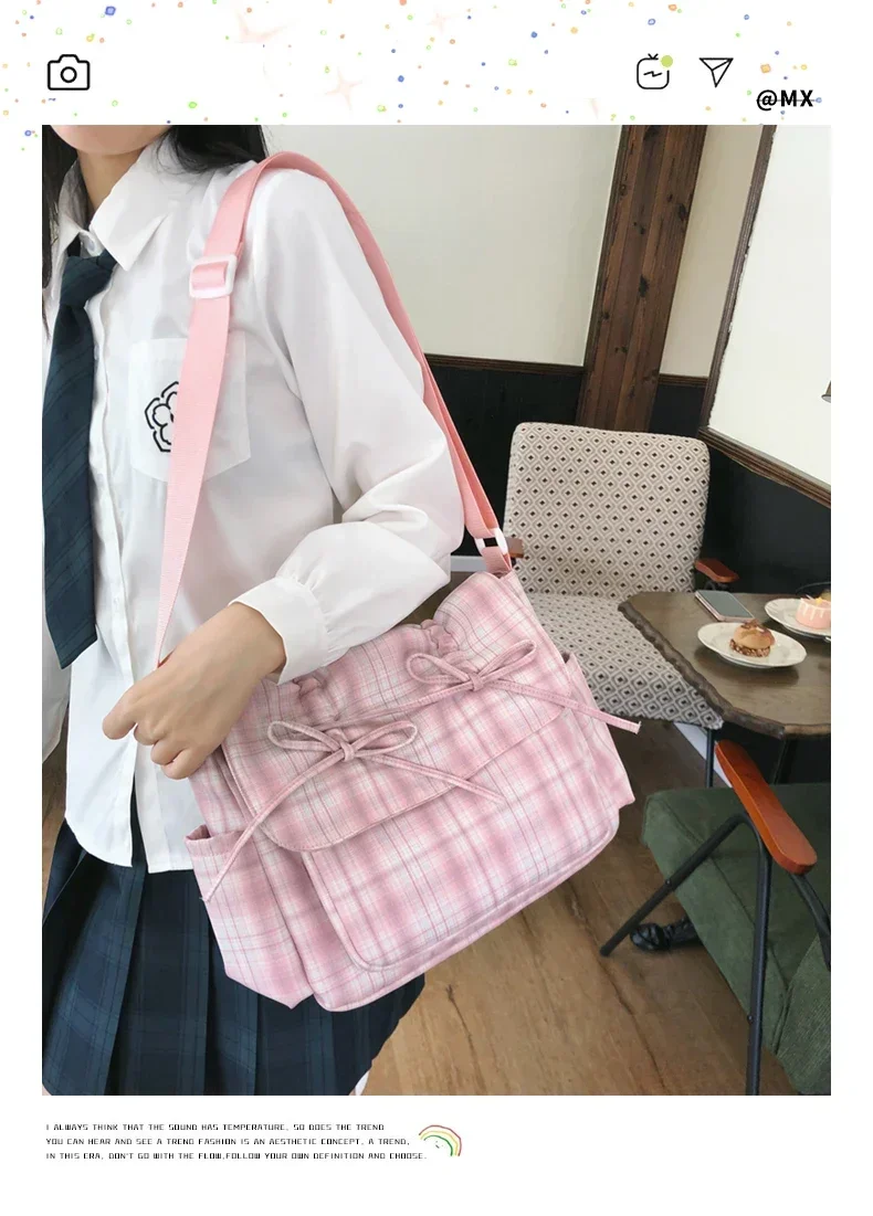 Sweet Bow Decorated Striped Plaid Design 2024 New Large-capacity Commuter Bag Crossbody Shoulder Multifunctional Nylon Material