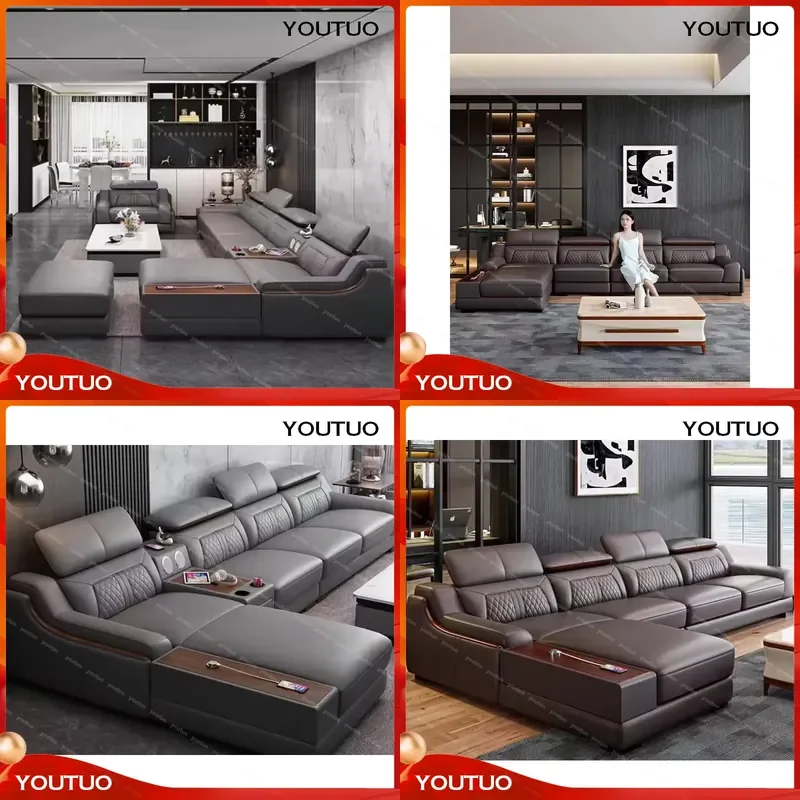 Italian Leather Sectional Sofa Set with Charging Station Speaker Cup Holders Adjustable Headrests Modern Living Room