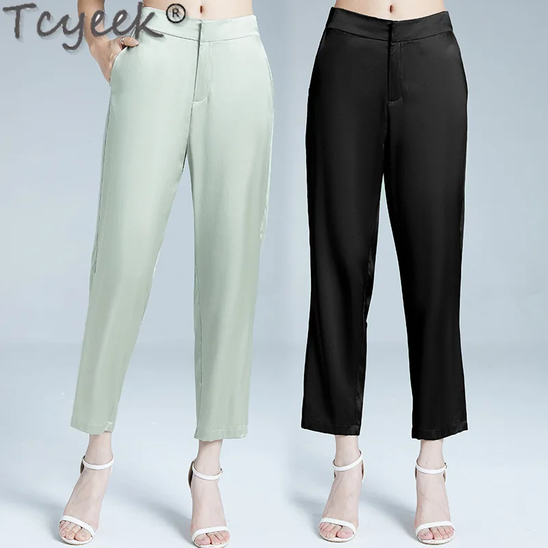 

Tcyeek 95% Mulberry Silk Harem Pants Fashion Pants for Women Clothes High Waist Thin Pants Loose Fit ankle-length Woman Trousers