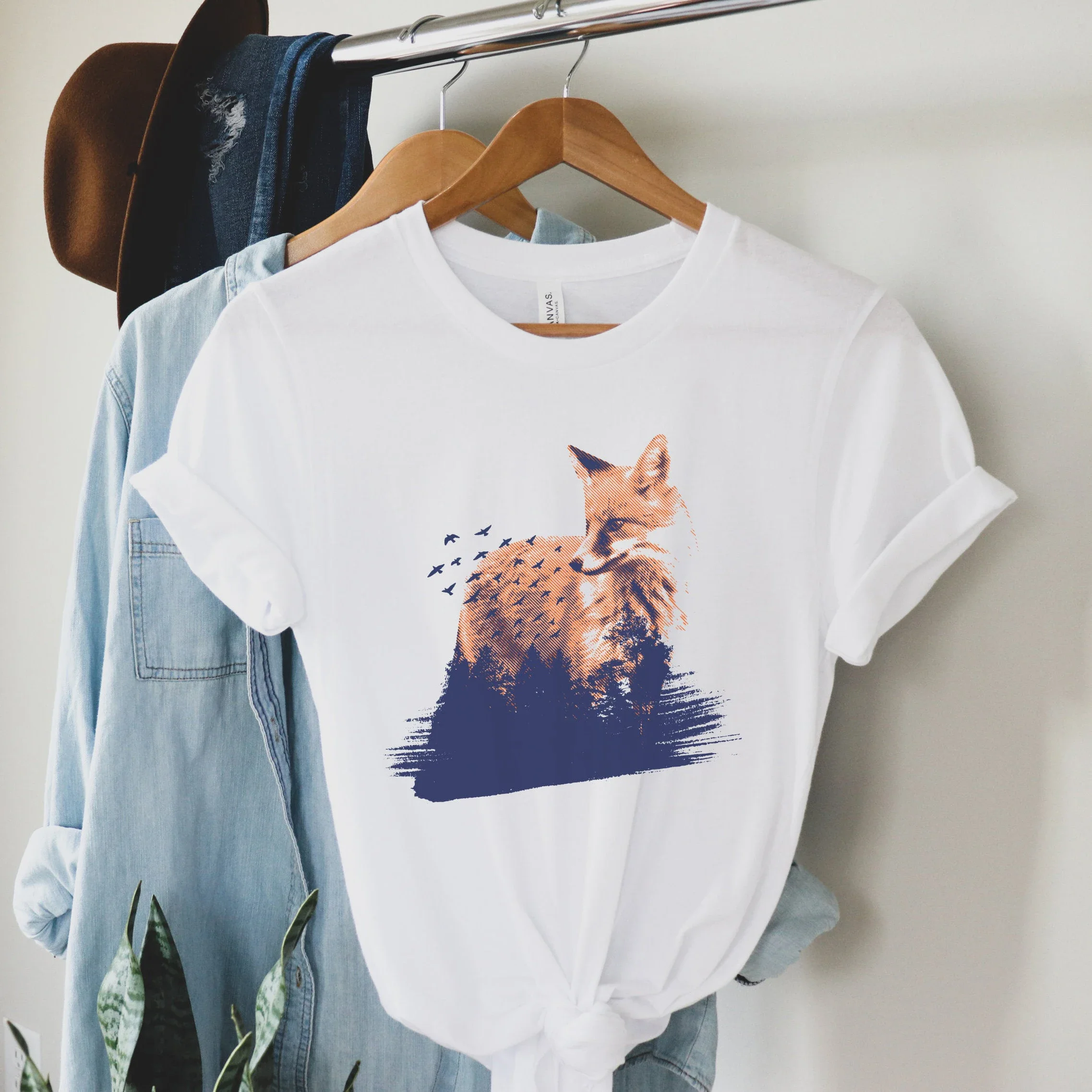 Women T Shirt Casual Ladies Basic O-collar Short Sleeved Scandinavian Fox Print Harajuku Top Women T-shirt Fashion Girl Top