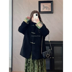 Plus Size new chinese style women's clothing lamb autumn winter new fur integrated  jacket lady black coat tangsuits warm coat