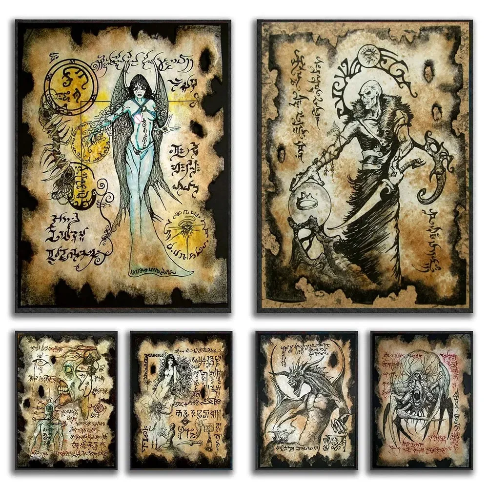 Retro Dark Cthulhu Necronomicon Fragment Poster Und Druck Bild Dämon Königin Leinwand Malerei Wand Kunst Für Wohnzimmer Decora