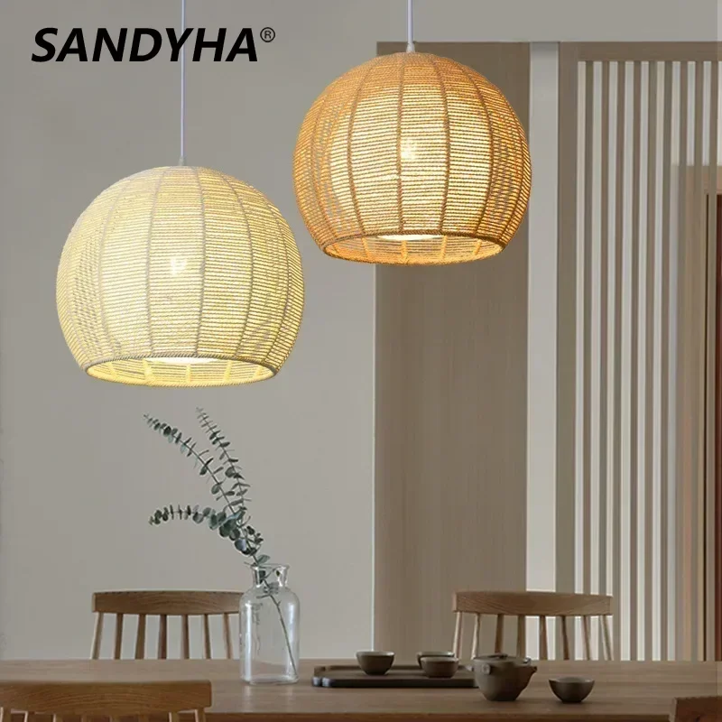 

SANDYHA Japanese Hemp Rope Chandeliers for Living Room Kitchen Island Pendant Lights Dining Table Lighting Bedroom Decoration