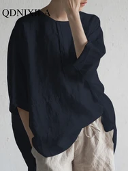 New Summer Round Neck Cotton Linen Sleeve Casual Loose Pullover T-shirts Woman Tshirts Shirts for Women Oversized T-shirt Top