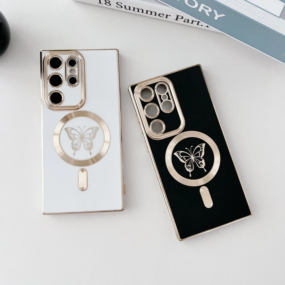 

For Samsung S25 Ultra Luxury Magsafe Magnetic Plating Butterfly Frame Phone Case For Galaxy S21 S22 S23 S24Plus Protective Cover