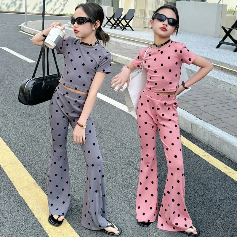 Sweet Spicy Girl Clothing Polka Dot Short Sleeve T-shirt Flare Pants Set 2024 Summer Fashion Flocking Dot Design Children's Suit