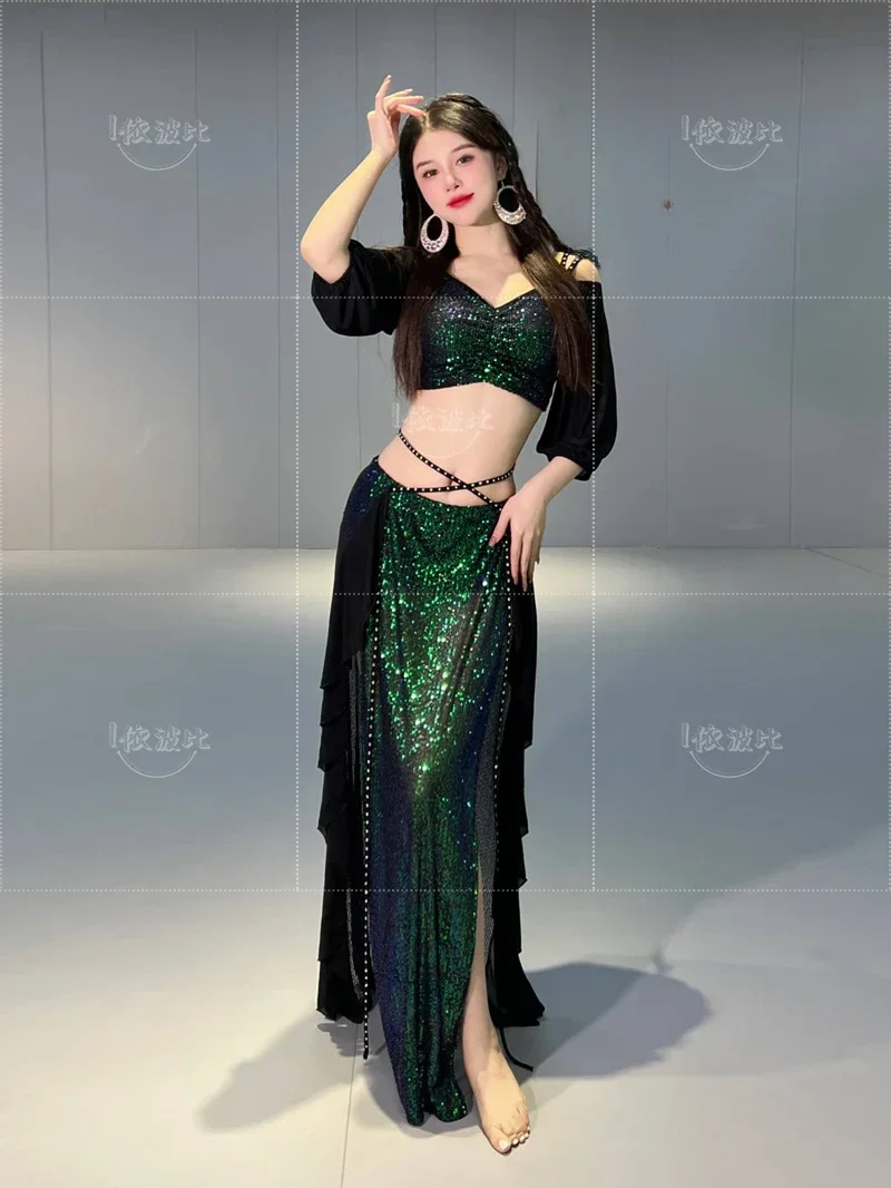 

New Belly Dance Costume Mermaid Autumn and Winter Mesh Practice Clothes Outfit