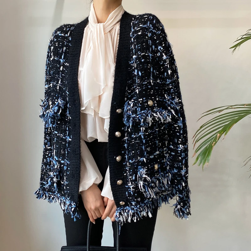 Thickened Knitted V-Neck Tassel  Mixed Color Loose Cardigan Style Sweater Coat Autumn Winter Fashion Commute Style Long S...