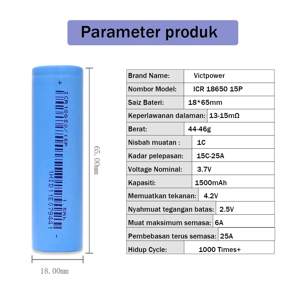 100pcs Victpower high rate cell 1000 times long life Rechargeable lithium-ion Battery ICR18650 15p 1500mAh Battery 3.7V 15C 25A