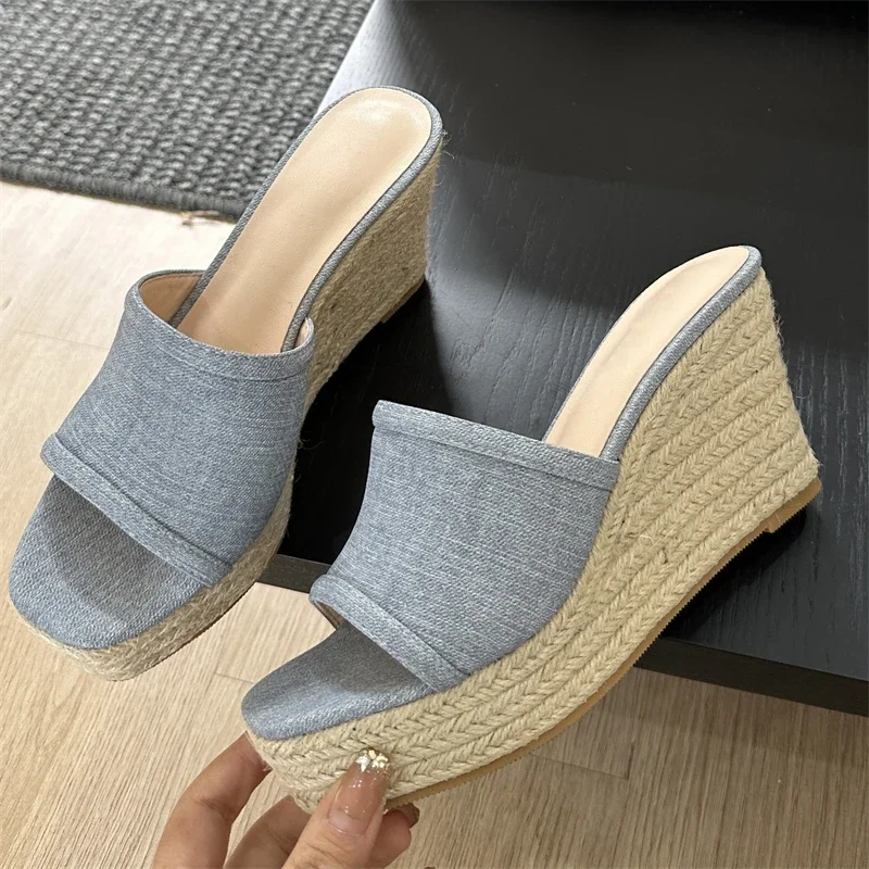 Eilyken Summer Open Toe Slippers Women  Fashion Solid Platform Wedges Rattan Weave High Heels Concise Shoes