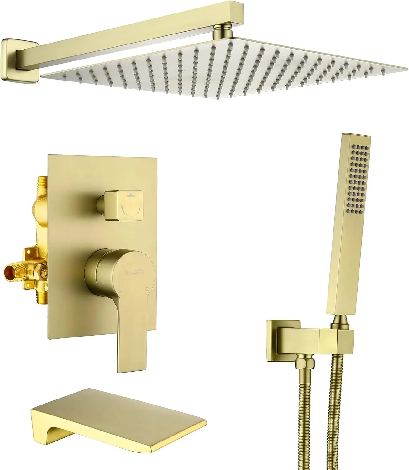 

Shower System with Waterfall Tub Spout and Handheld Shower Head 12" Rain Shower Faucet Sets Complete Brushed Gold