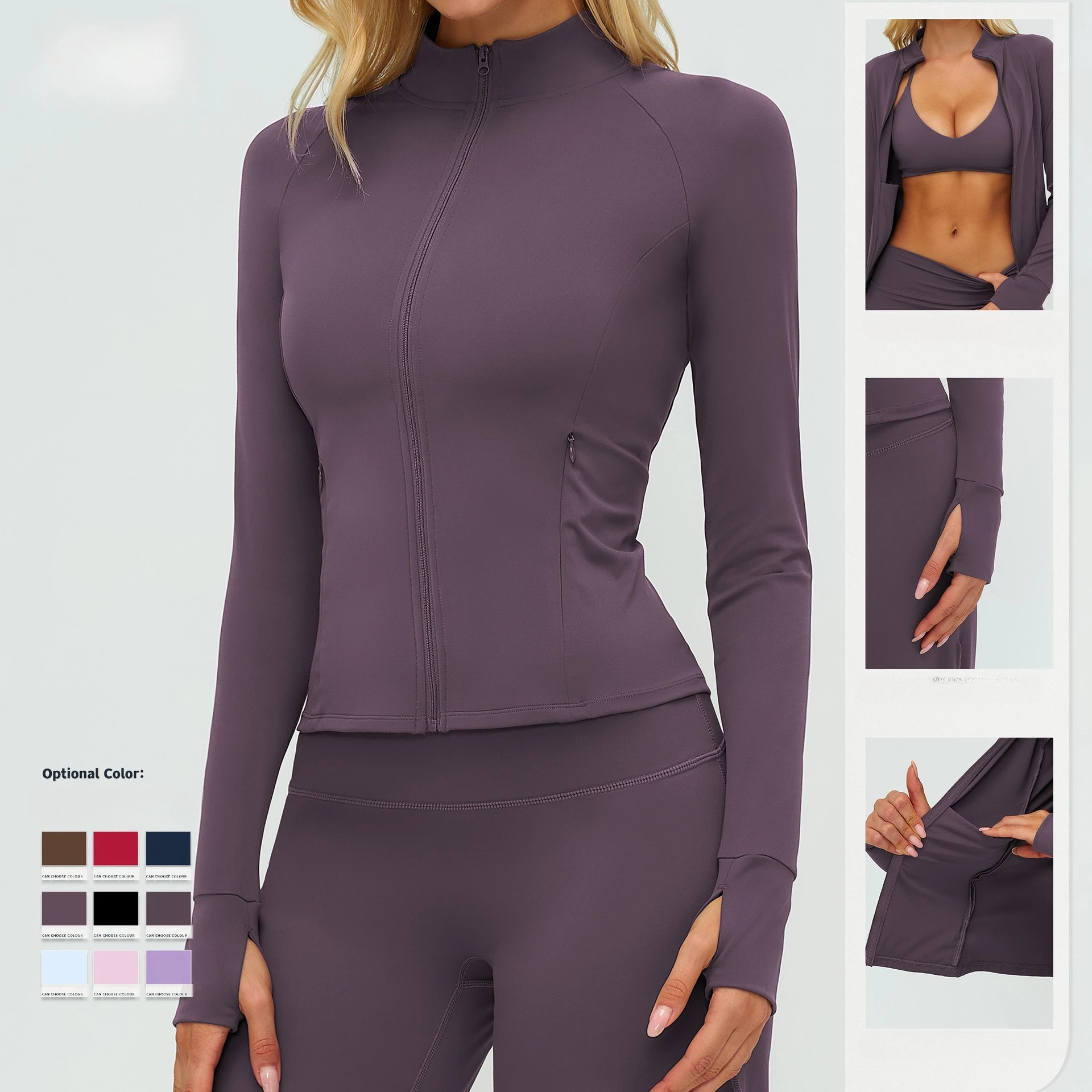 

VEQKING Full Zip Women Yoga Jackets Pockets Soft Sports Shirts Stand Collar Quick Dry Gym Fitness Shirts Elastic Workout Coat