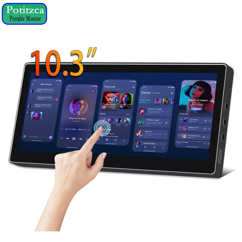 Touchscreen 10.3 Polegada monitor portátil 1920*720 barra longa monitor ips alto-falantes duplos hdmi tipo-c para mac portátil, pc, switch, telefone