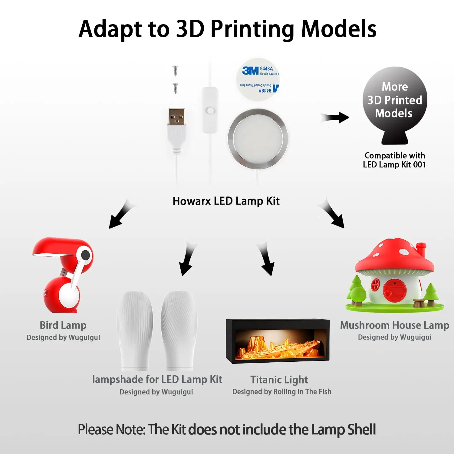 3D 프린터 LED 램프 키트 001, Bambu lab A1/A1mini/P1S/P1P/X1C, 5V USB 전원 부드러운 백색광, 3000K 따뜻한 빛