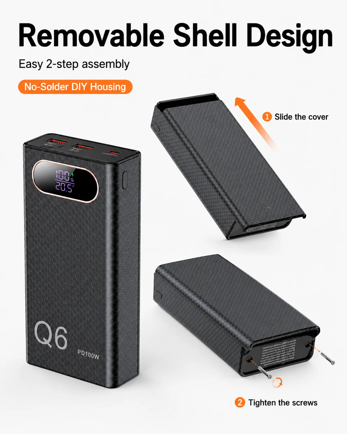 Q6 PD100W DIY Power Bank Housing Kit for 6x21700 Flat Top Cells No-Solder Fast Charge Case with Digital Display view 6