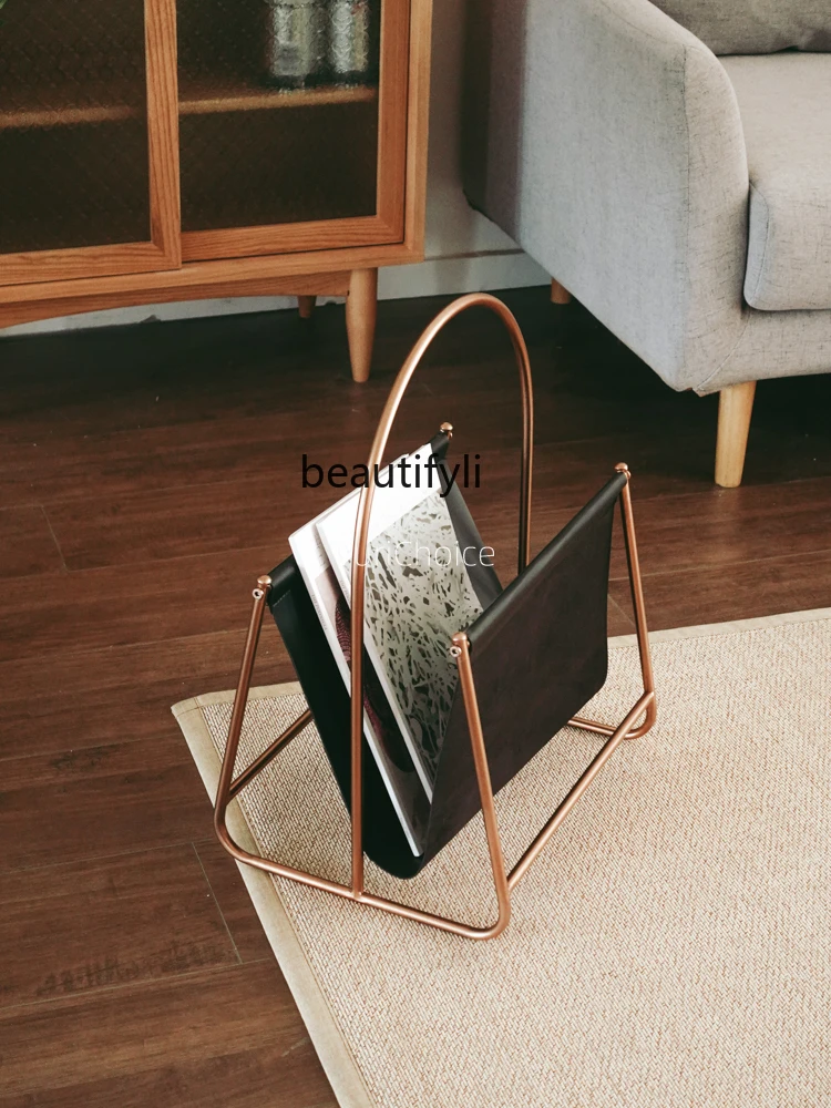 Magazine Rack Black Gold Light Luxury Texture Leather Metal Floor Storage Book Shelf