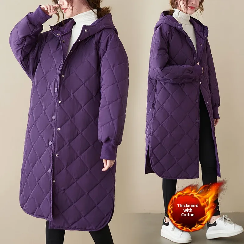 Koreanische SLE-Kapuzen-Daunen-Baumwolle, Jaet-Damen-Oberbekleidung, lang über dem Knie, künstlerisch, für den Pendelverkehr, reines Farb-Polyester