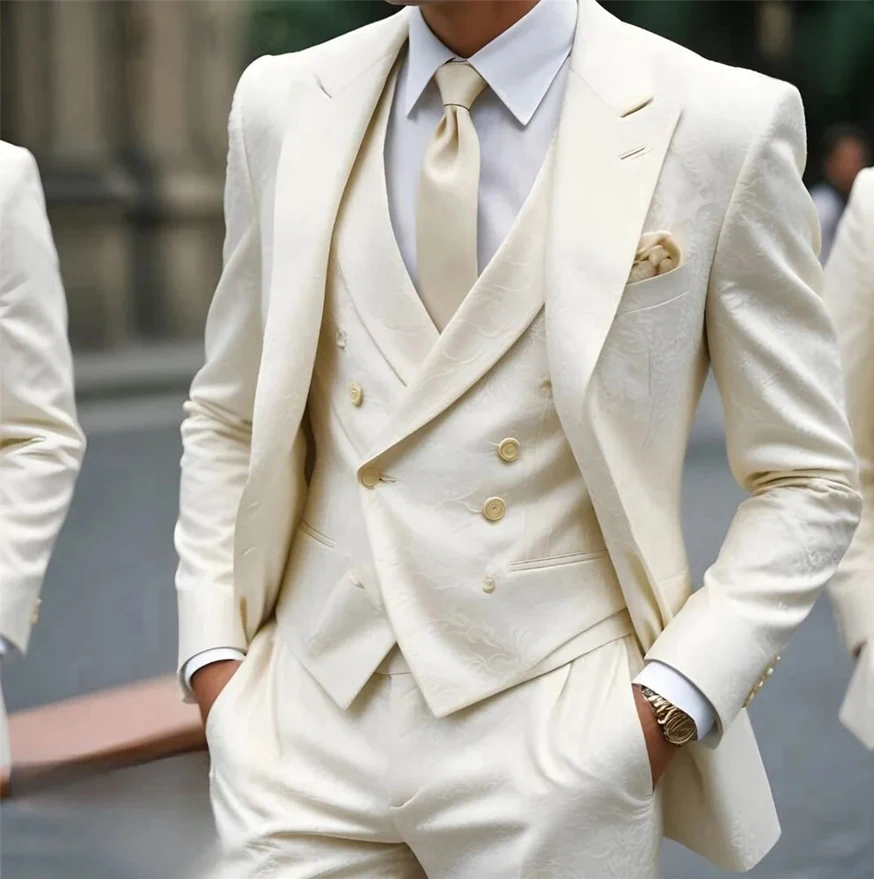 

Men's Suit Fashion Notched Lapel Business Jacket Vest Pants 3PCS Classic Men Solid Color Suit Jacquard Groom Wedding Buckle suit