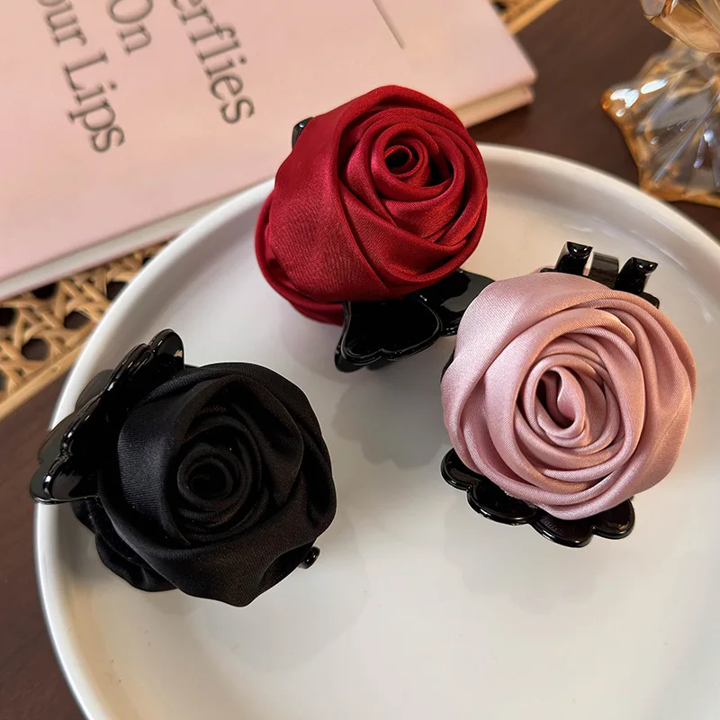 Retro New Handmade Satin Rose Flower Hair Clip Geometry Hair Claw for Women Girl Elegant Hairpin Crab Barrettes Hair Accessories