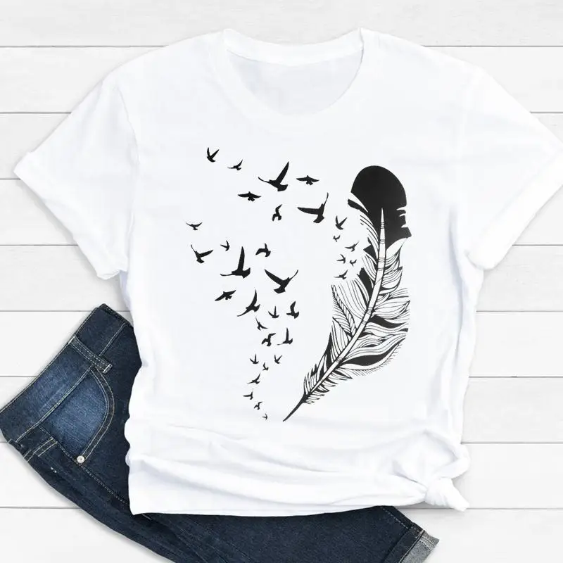 Women Pretty Cartoon Clothing Ladies Feather Watercolor Summer Print Fashion Tshirt Nice Short Sleeve Tee Top Graphic T-shirt