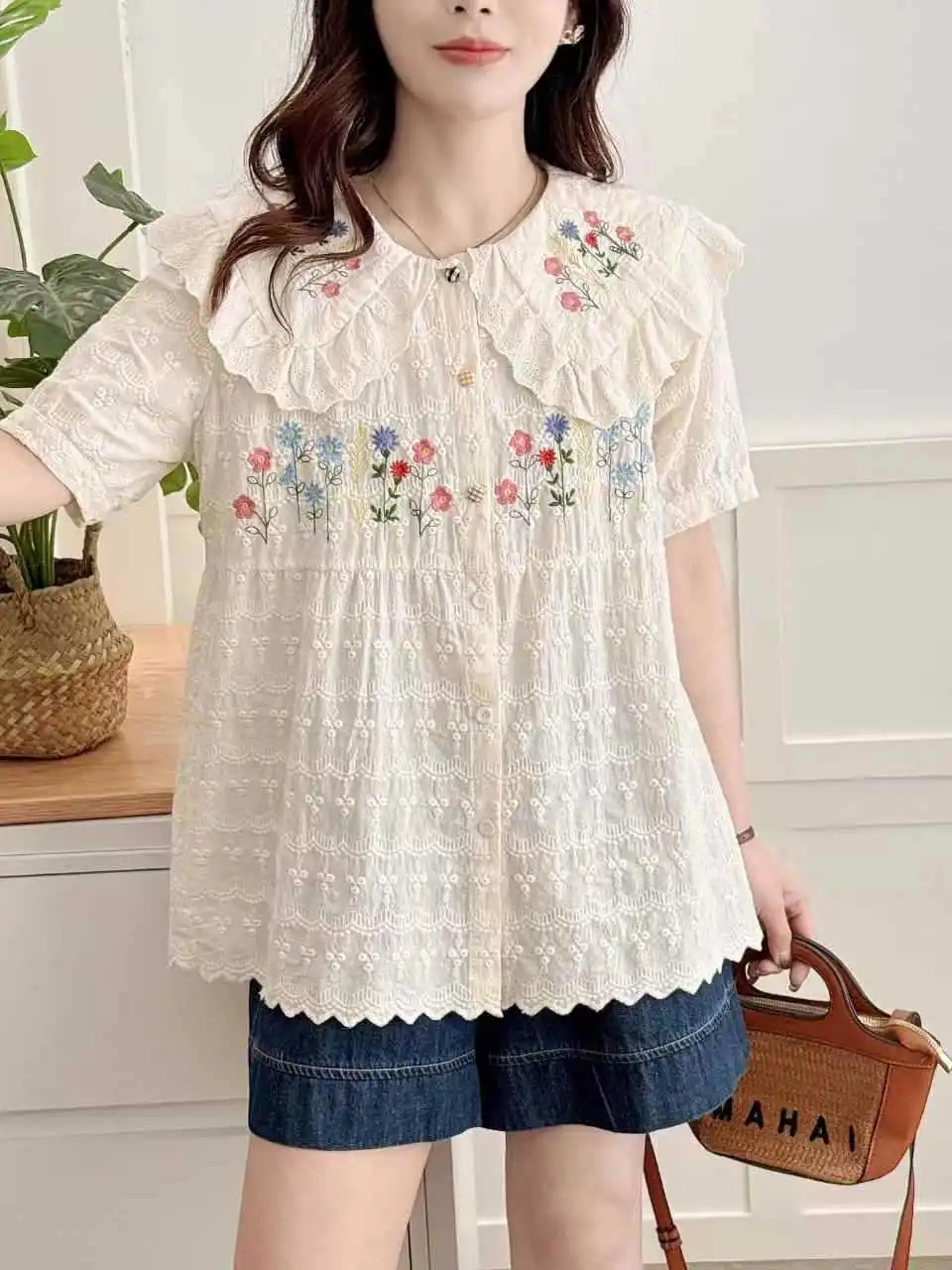 2025 Summer New Japanese Sweet Mori Girl Lace Flower Embroidery Patchwork Shirts Women Peter Pan Collar Short Sleeve Blouse Tops