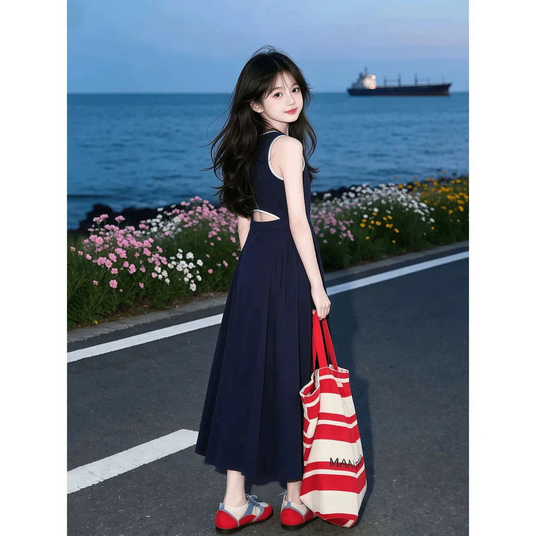 4-14 year old dress, summer new stylish girl, fashionable hollow out sleeveless vest skirt, children's slimming long skirt