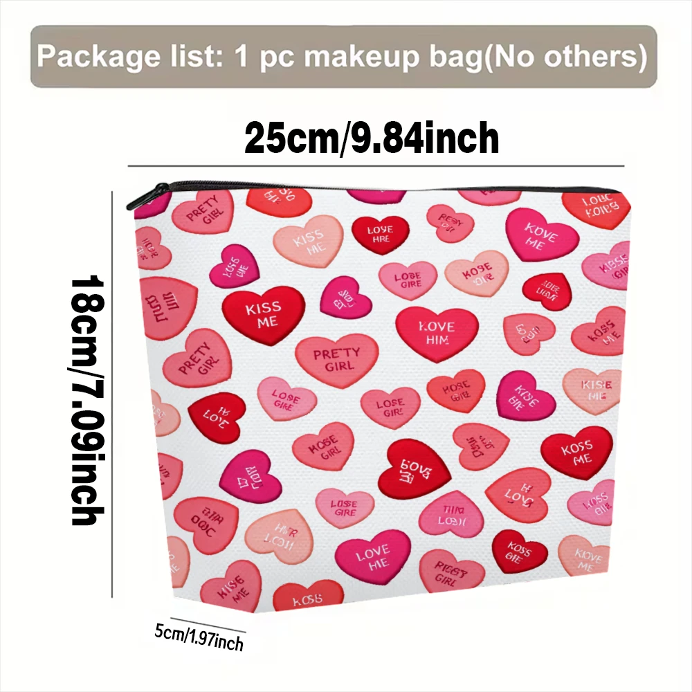 Heart Candy Messages Pattern Print Makeup Bags for Girls Cosmetic Pouch Toiletry Bag Pencil Case Travel Storage
