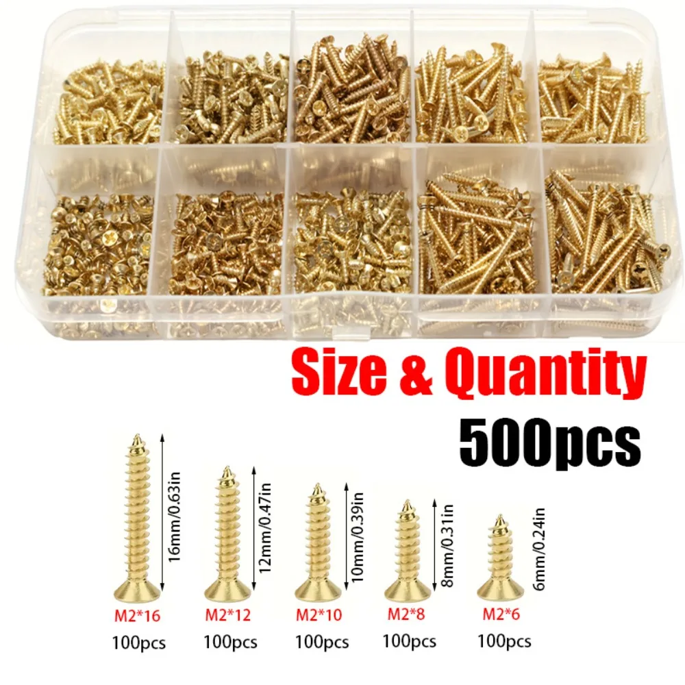 500 pcs M2 Gold Self-Tapping Screws, Sizes: 6mm,8mm,10mm,12mm,16mm. Suitable for Wooden Craft Boxes and Vintage Storage Boxes.