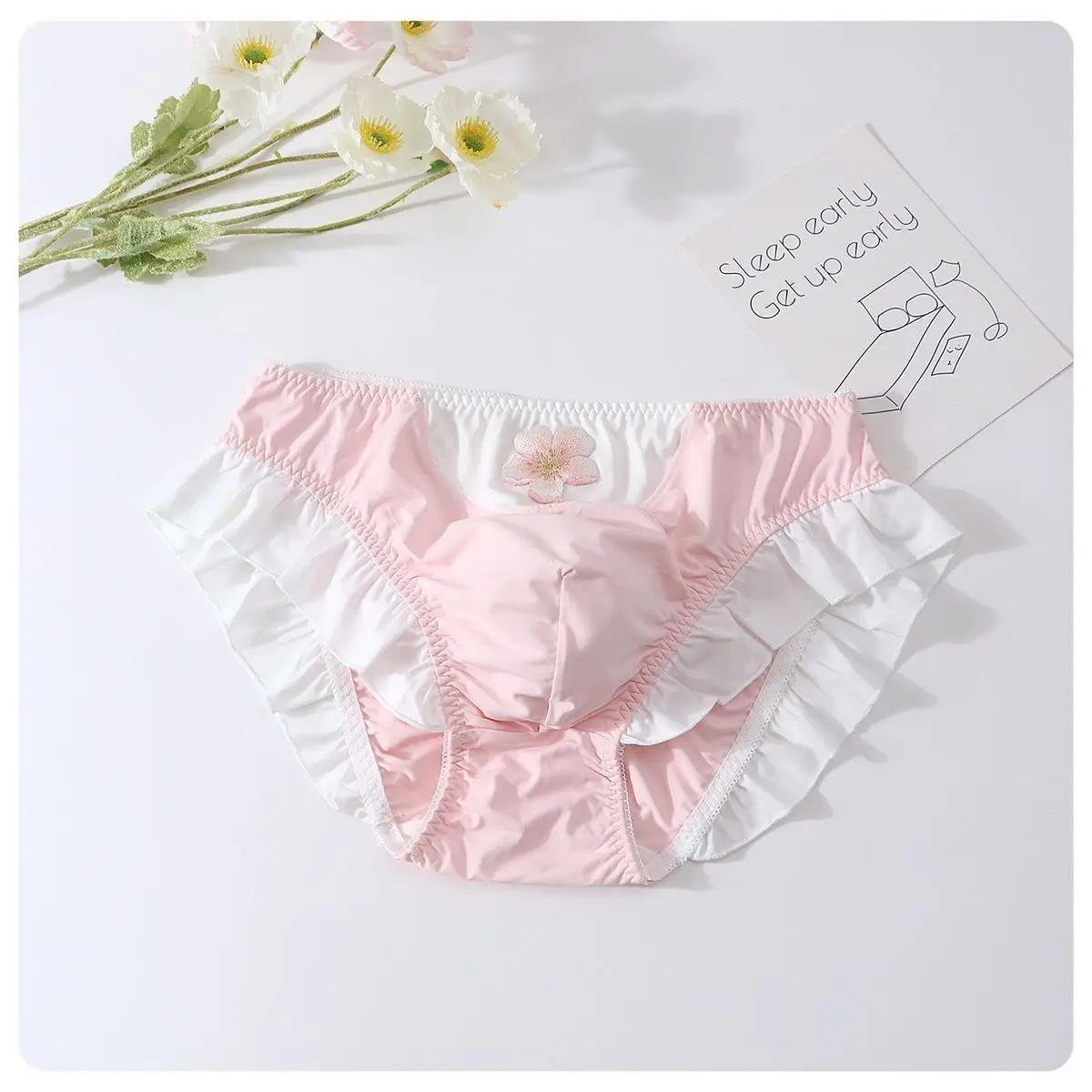 Man's Flower Embroidery Pink Panty Lace BF Briefs Live Show Private Party Harajuku LBGQT