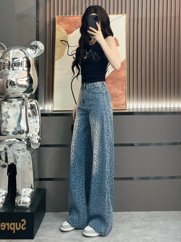 Leopard printing wide leg jeans for women 2025 new summer style super popular loose high waist straight leg pants