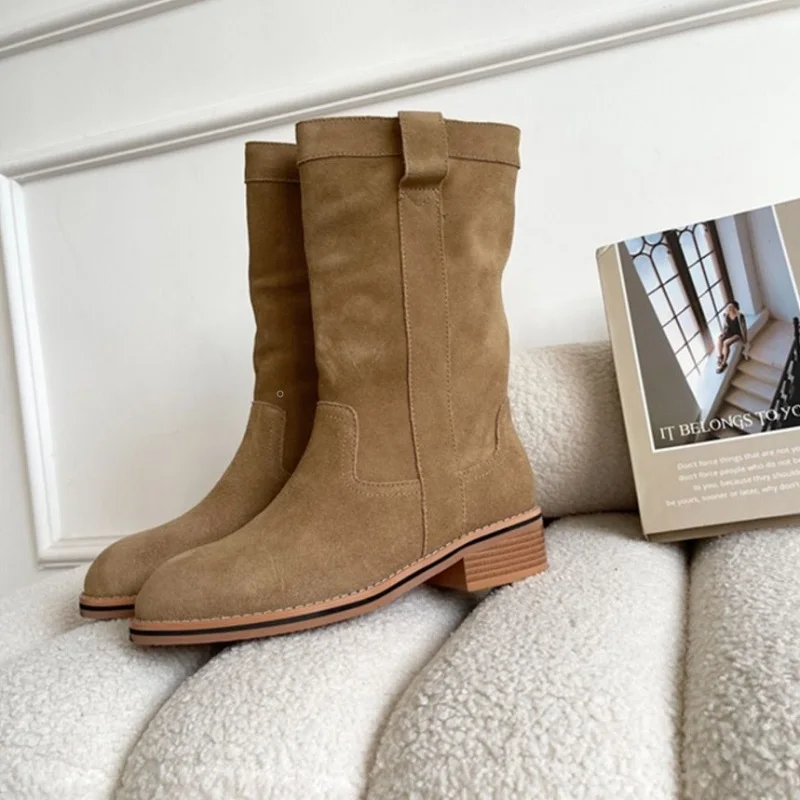 Western Boots Woman Slip On Ladies Shoes Cow Suede Daily Bota Spring Autumn Cowgirls Cool Boots Roundd Toe Winter Botas