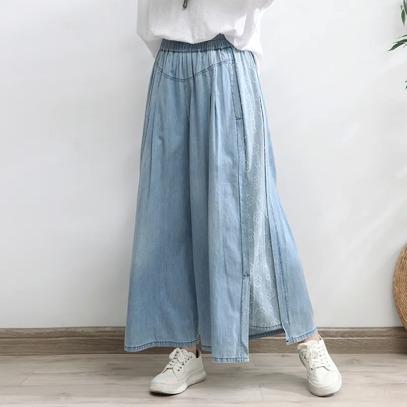 TIYIHAILEY Free Shipping Wide Leg Long Pants For Women Trousers Denim Jeans Elastic Waist Casual Pants With Pockets Print