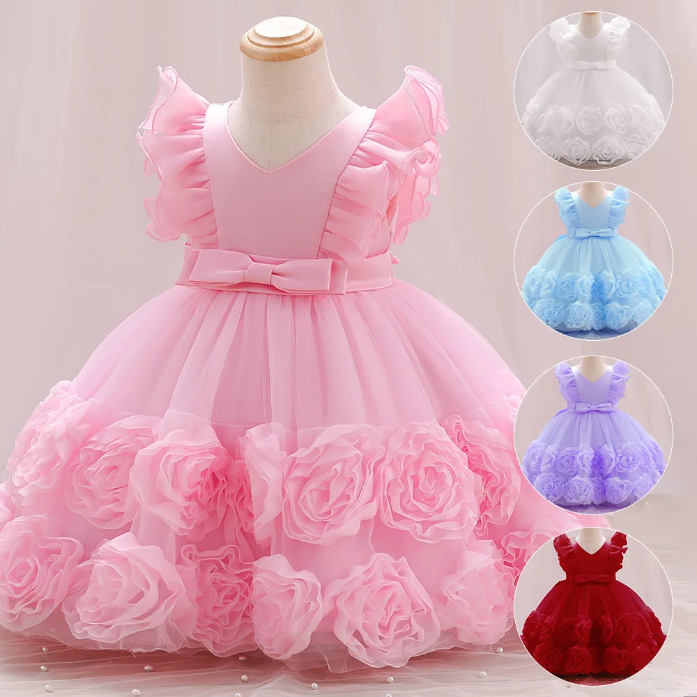 ELBCOS 2-6T Kid Girls Short Puff Sleeve Bowknot Belt Bowknot Bubble Peony Flower Cake Skirt Costumes Evening Full Dress