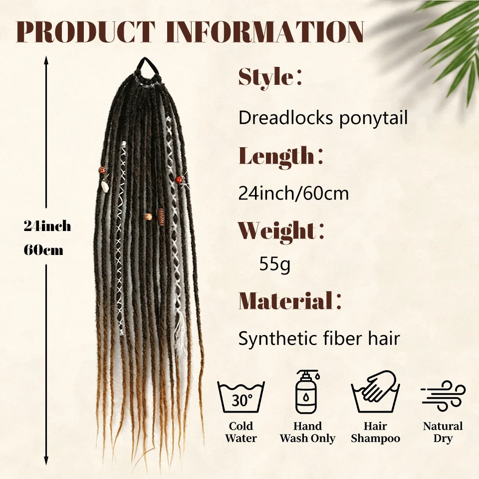 24 inch rubber band style Bohemian woven beads matte dirty braid color rope ponytail suitable for women's daily parties image 2