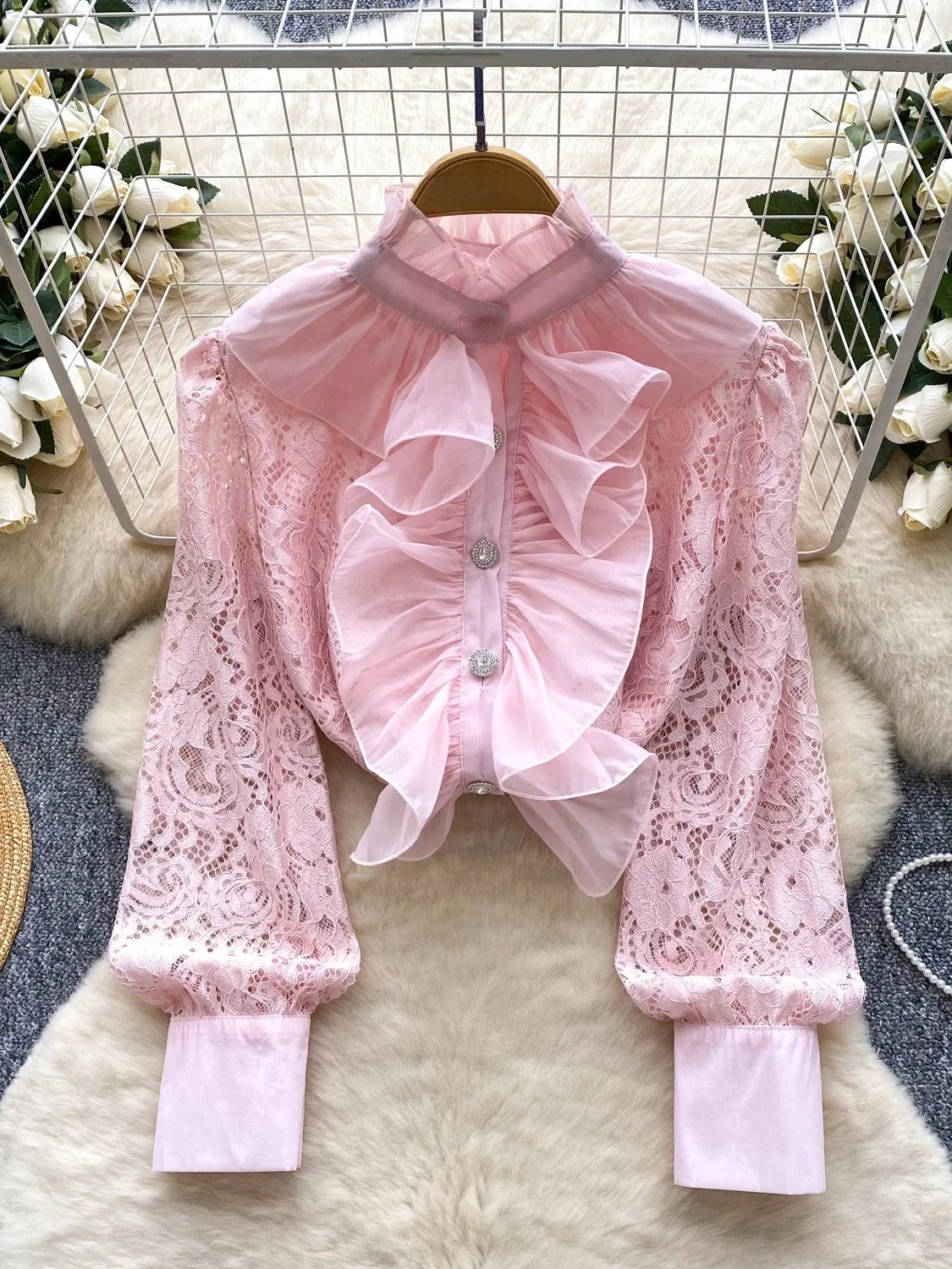 Csa informal de encaje de manga larga para mujer, Top de empalme con borde de ma, versátil, a la moda, estilo dulce y ...