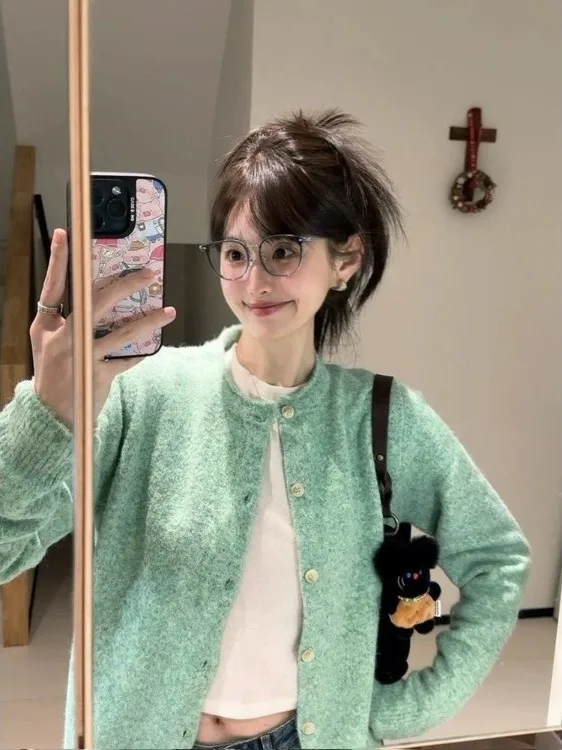 Hortelã een redondo ne aberto cardigan camisola primavera outono novo sle coreano versátil algemado outerwear casaco superior