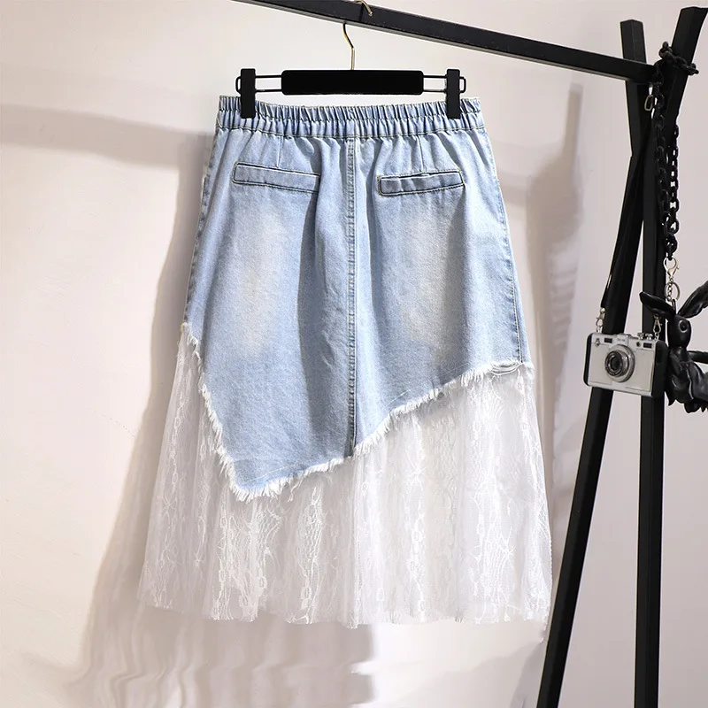 150Kg Plus Size Women's Spring Summer Mesh Panel A-Line Denim Skirt Blue Hip 153cm 5XL 6XL 7XL 8XL 9XL