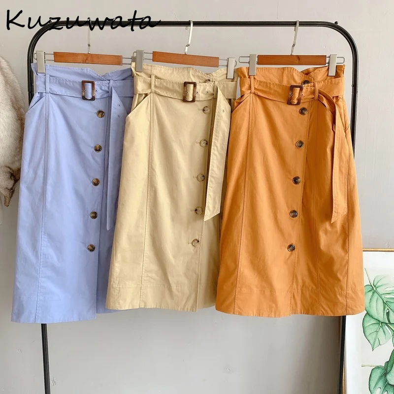 

Kuzuwata 2024 Summer New Mujer Faldas Solid High Waist Belt Diagonal Button Single-breasted Mid Calf Skirts Safari Style Jupe